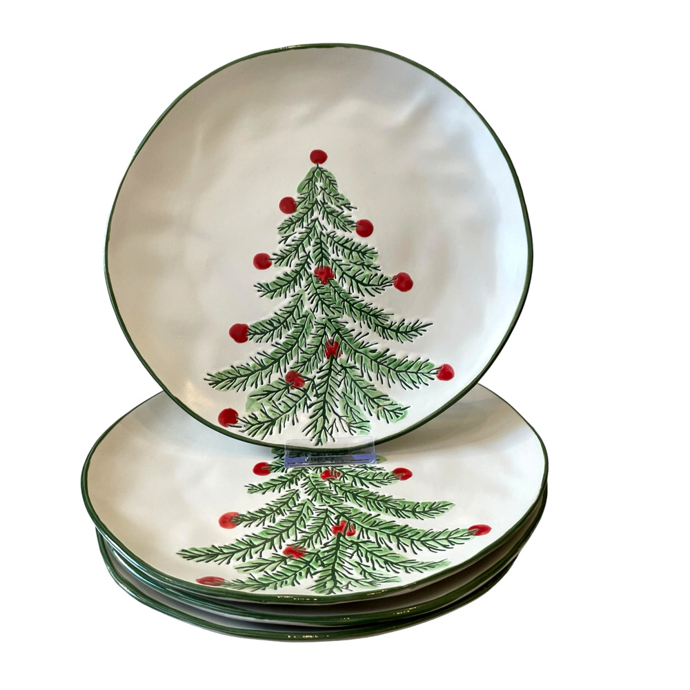 ELI + ANA Christmas Erma Tree Salad Plate 9in Set of 4 Ceramic Holiday NEW